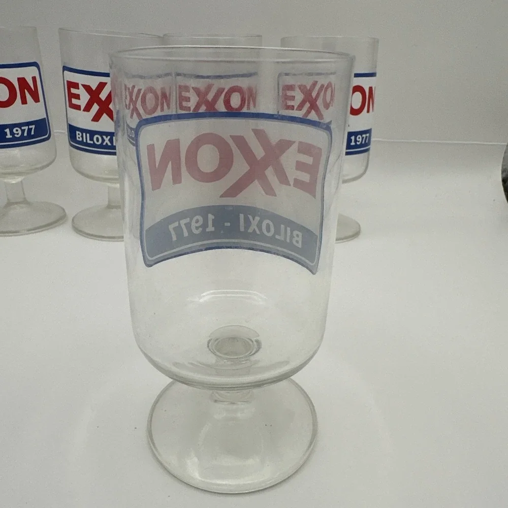 Set of 6 Vintage Exxon Biloxi 1977 Footed Goblet Promo Glasses Gas Station